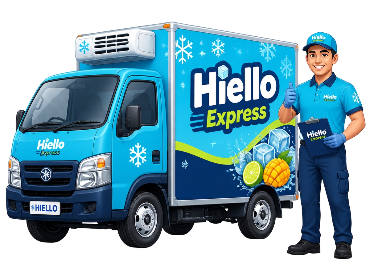 Hiello Express delivery vehicle and friendly delivery worker